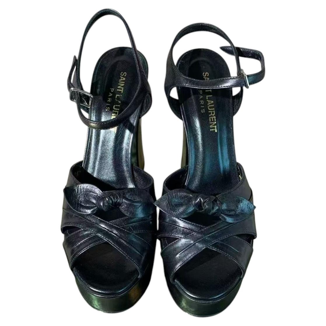 Pre-owned Saint Laurent Black Leather Bianca Knotted Bow Platform Sandals