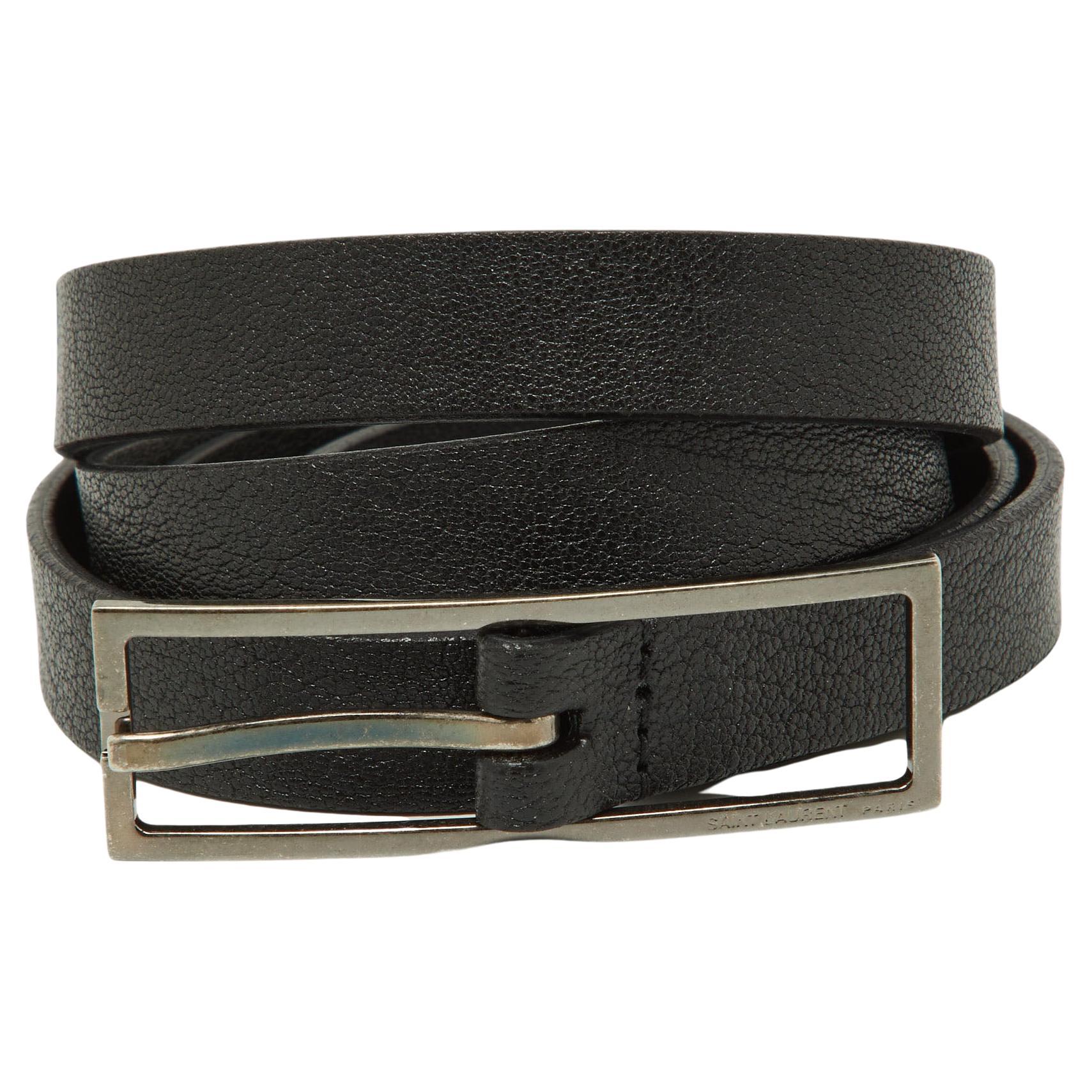 Saint Laurent Black Leather Buckle Slim Belt 95CM For Sale