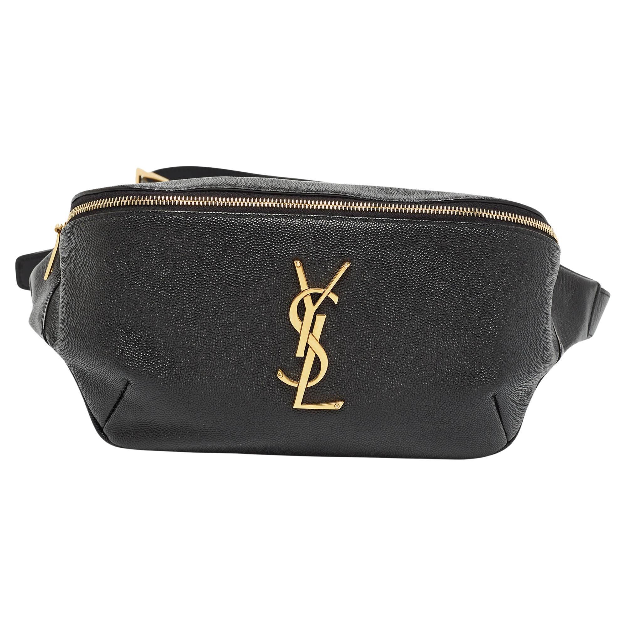 Saint Laurent Black Leather Cassandre Belt Bag For Sale