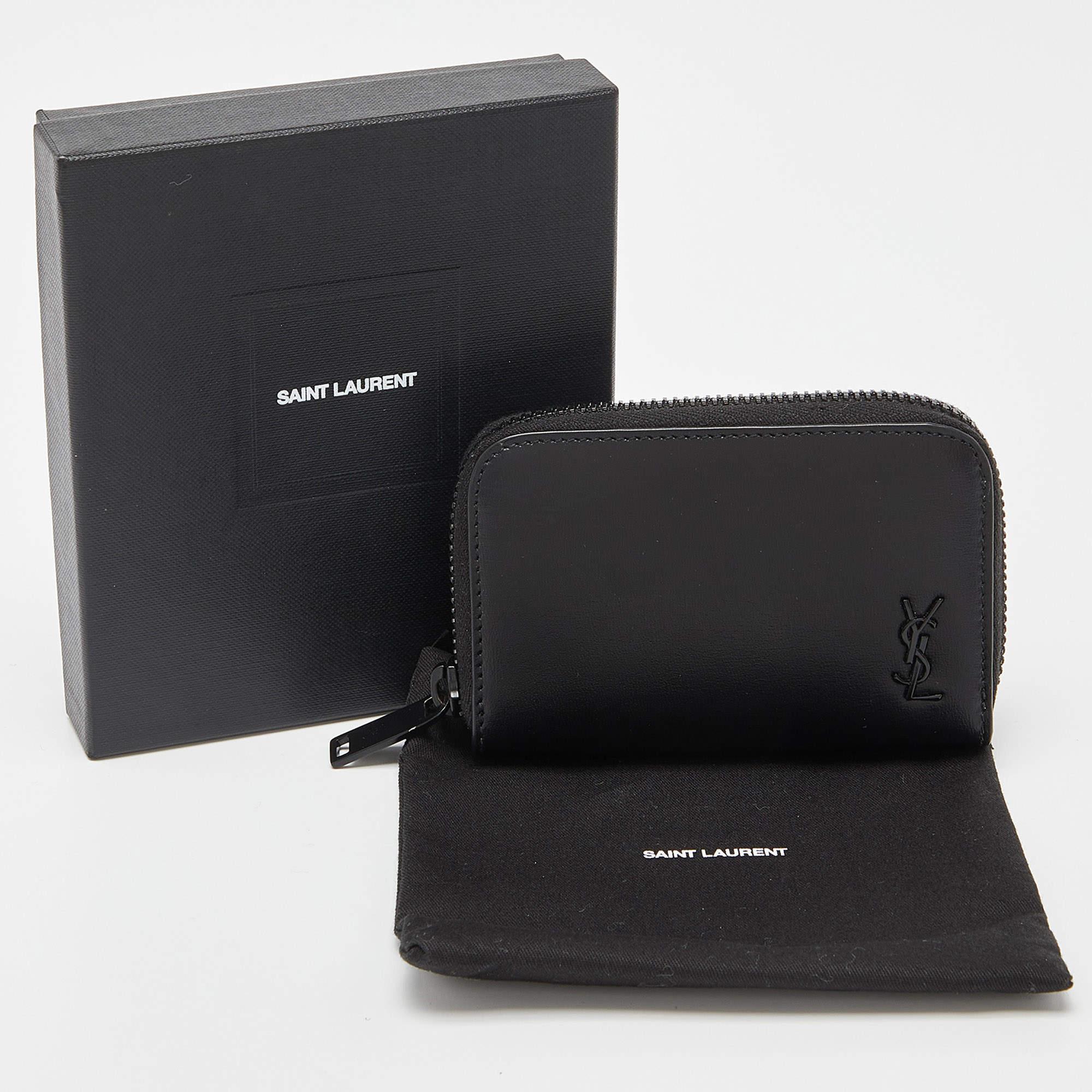 Saint Laurent Black Leather Cassandre Compact Zip Around Wallet 6