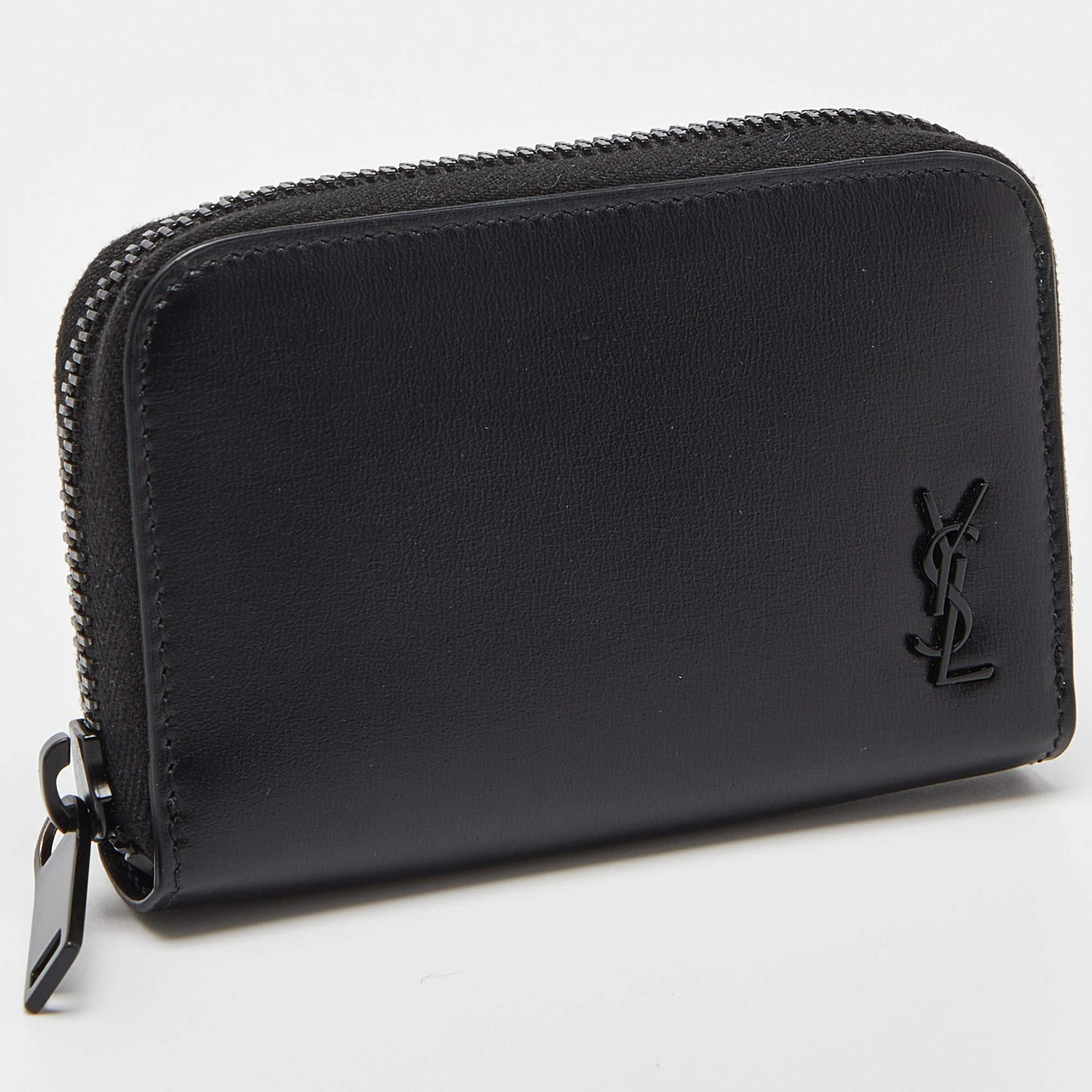 Saint Laurent Black Leather Cassandre Compact Zip Around Wallet In New Condition In Dubai, Al Qouz 2