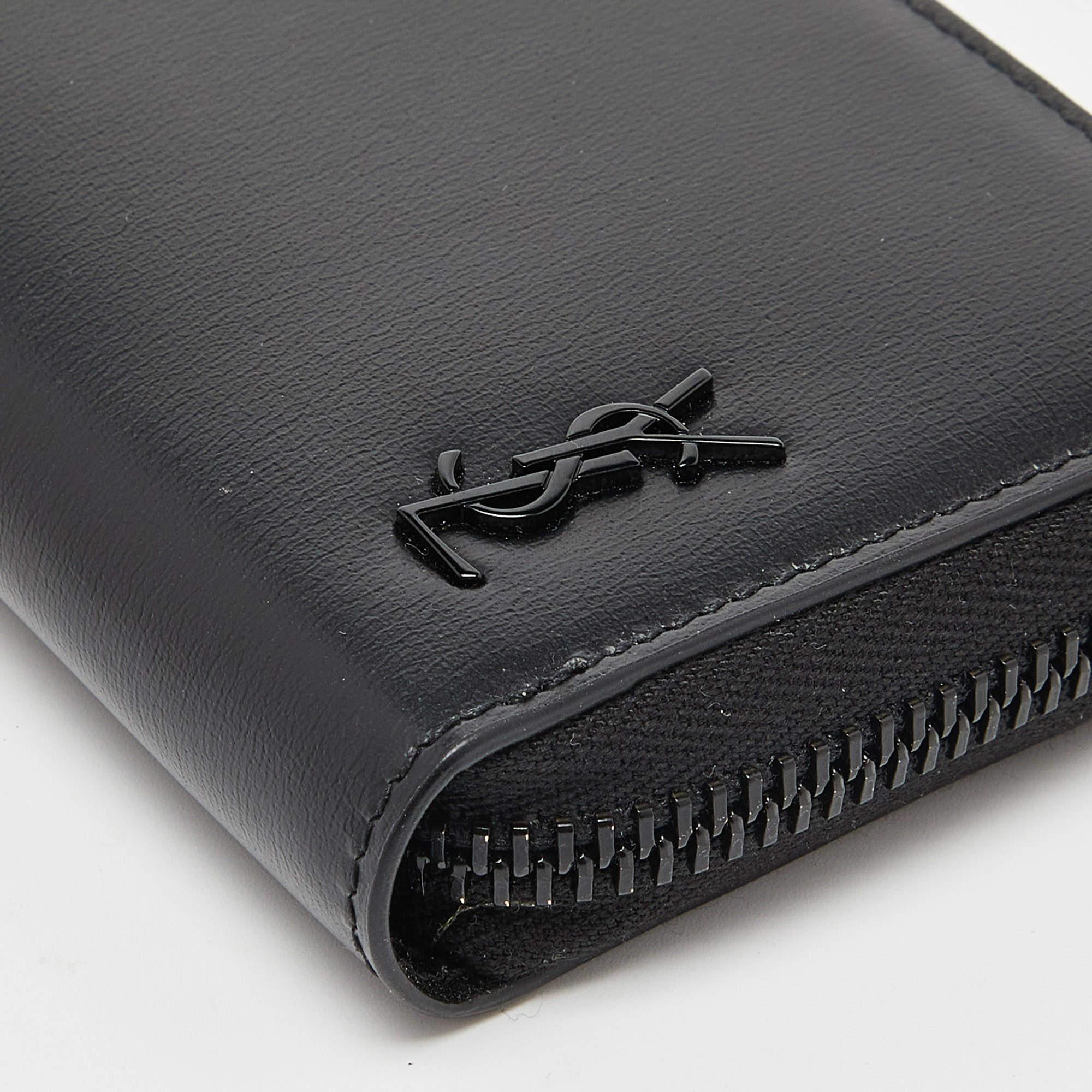 Saint Laurent Black Leather Cassandre Compact Zip Around Wallet 4
