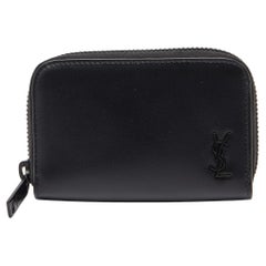 Saint Laurent Black Leather Cassandre Compact Zip Around Wallet
