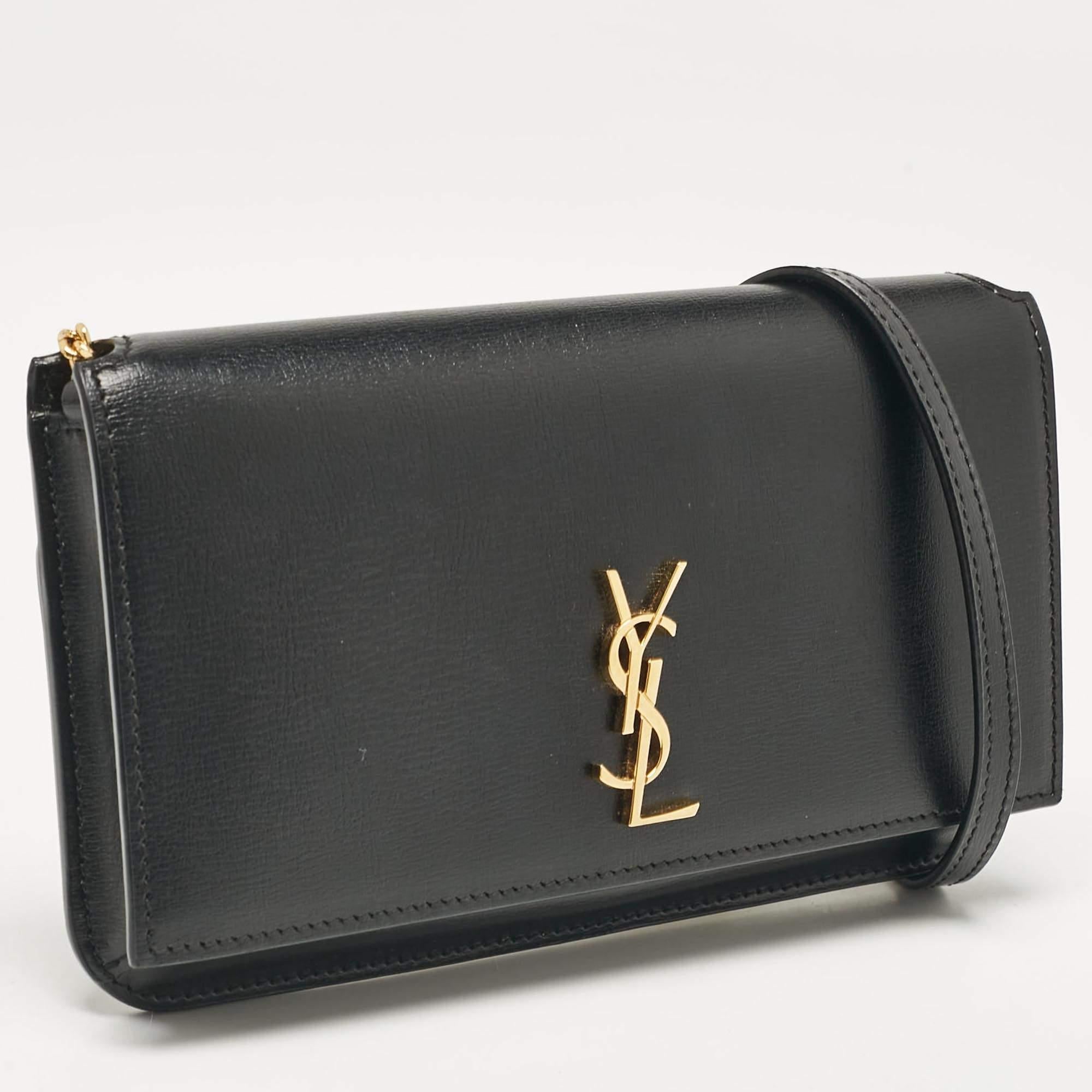 Saint Laurent Black Leather Cassandre Phone Holder Crossbody Bag In Excellent Condition In Dubai, Al Qouz 2