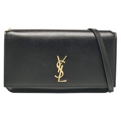 Saint Laurent Black Leather Cassandre Phone Holder Crossbody Bag