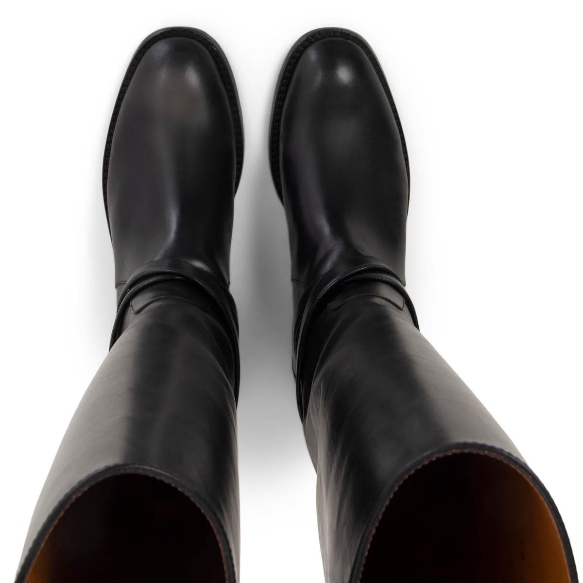 Black SAINT LAURENT black leather CAVALIERE BUCKLE FLAT RIDING Boots Shoes 41