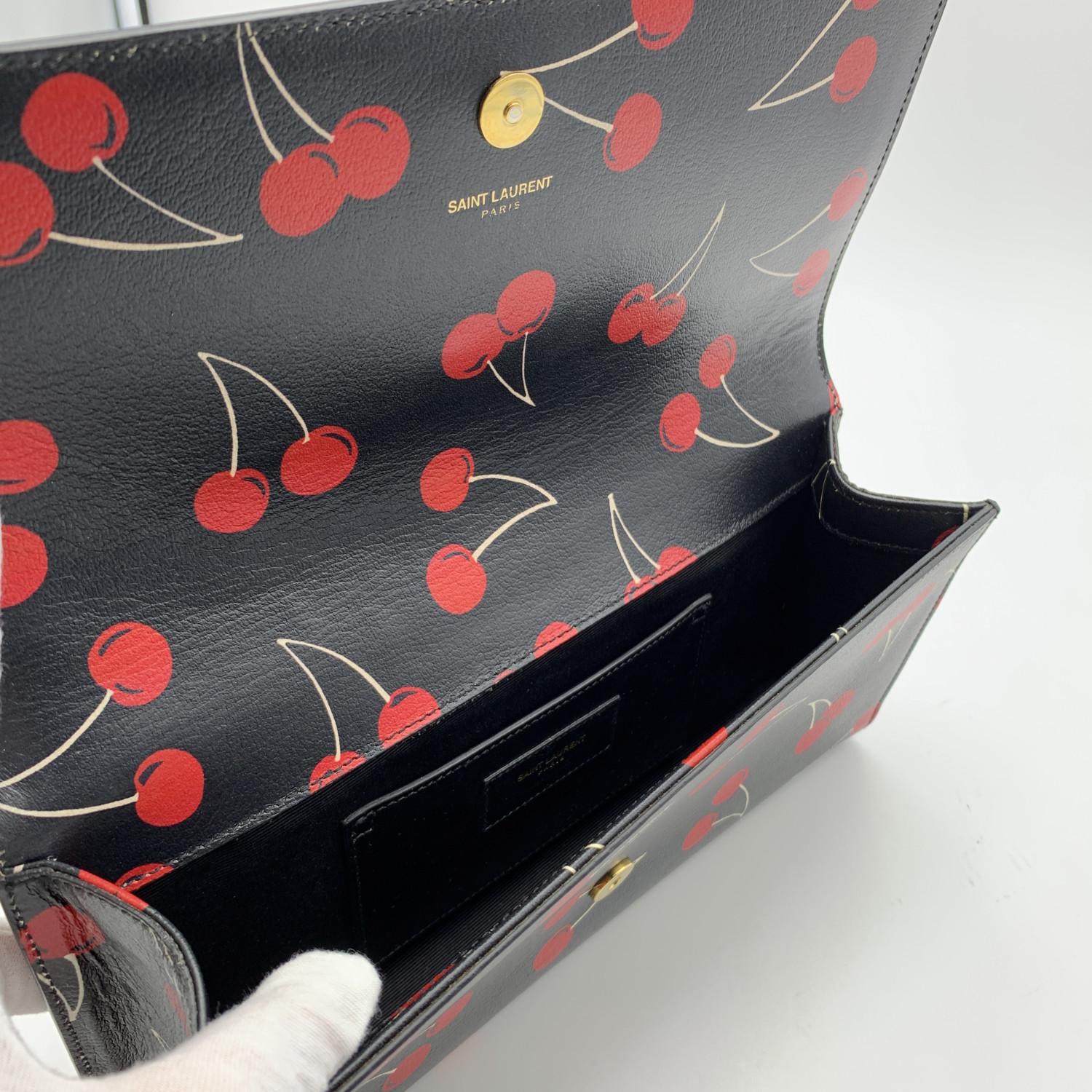 Saint Laurent Black Leather Cherry Print Monogram Clutch Bag In Excellent Condition In Rome, Rome