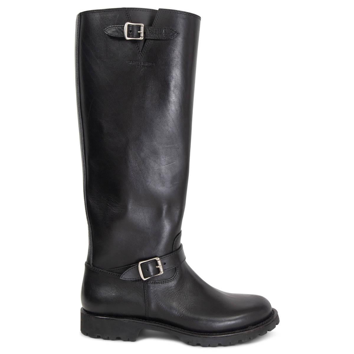 SAINT LAURENT black leather CLASSIC BIKER Knee High Boots Shoes 39 For Sale