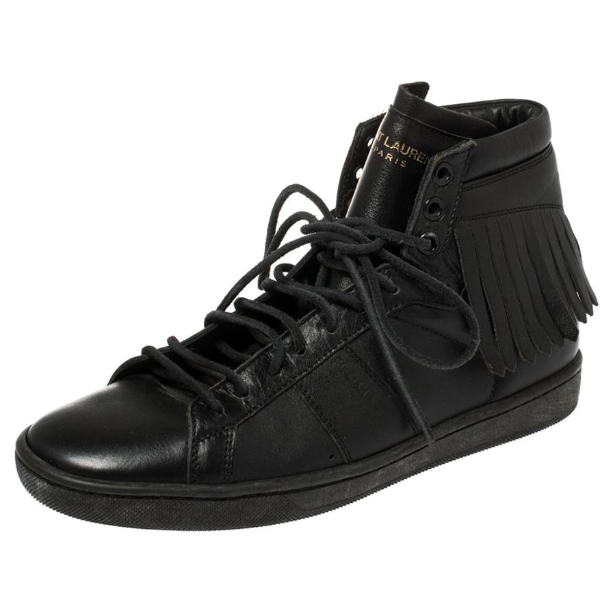 Saint Laurent Black Leather Classic Court Fringe Sneakers Size 36 For Sale