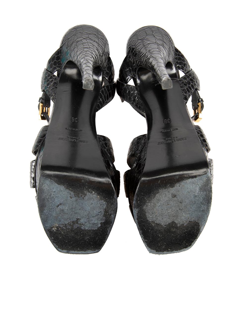 Women's Saint Laurent Black Leather Croc Embossed Sandals Size IT 38