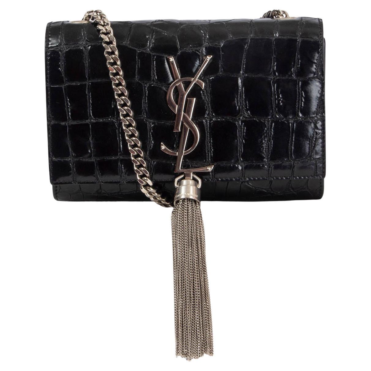 SAINT LAURENT black leather CROC KATE SMALL CHAIN Shoulder Bag