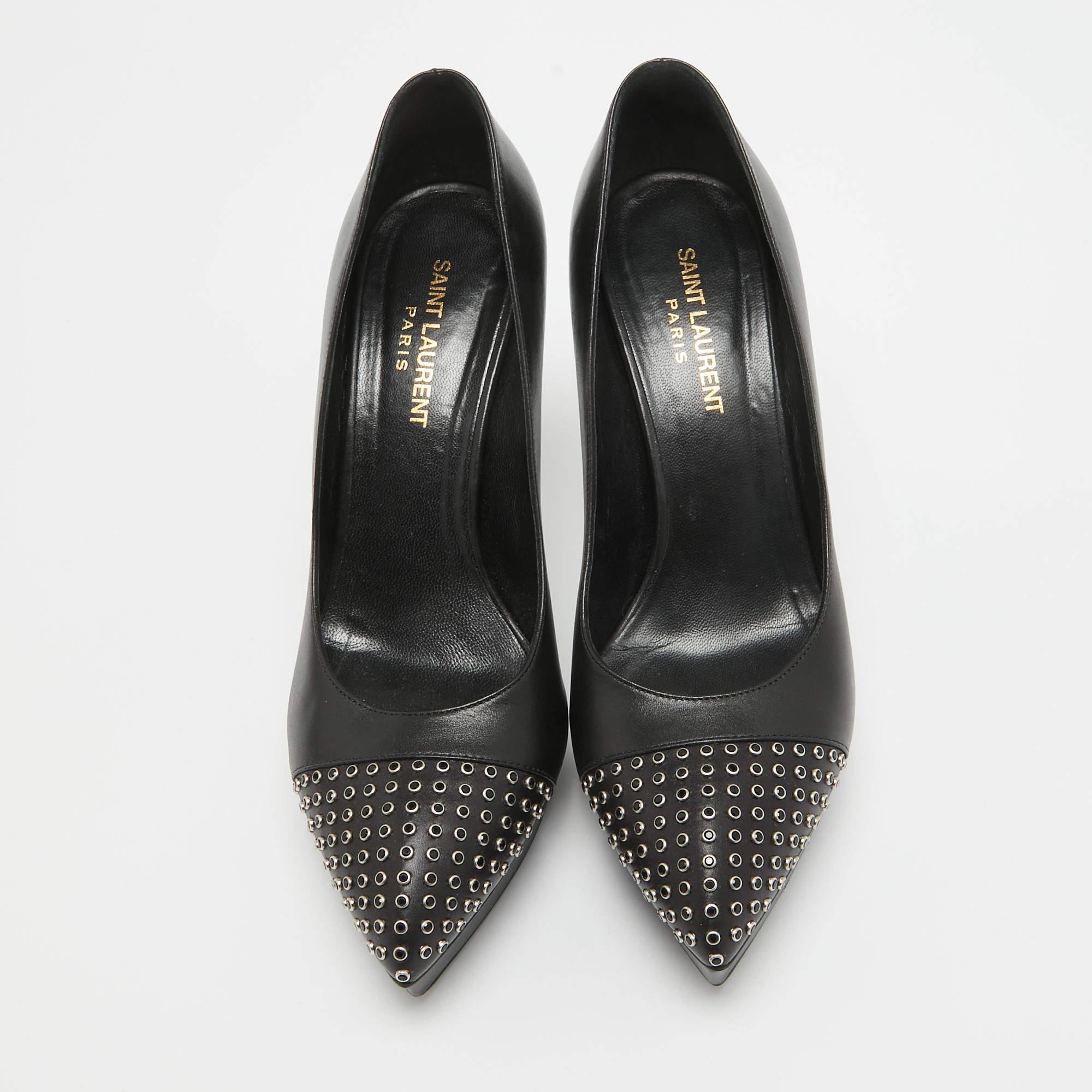 Saint Laurent Black Leather Crystal Embellished Pumps Size 38.5 In Good Condition For Sale In Dubai, Al Qouz 2