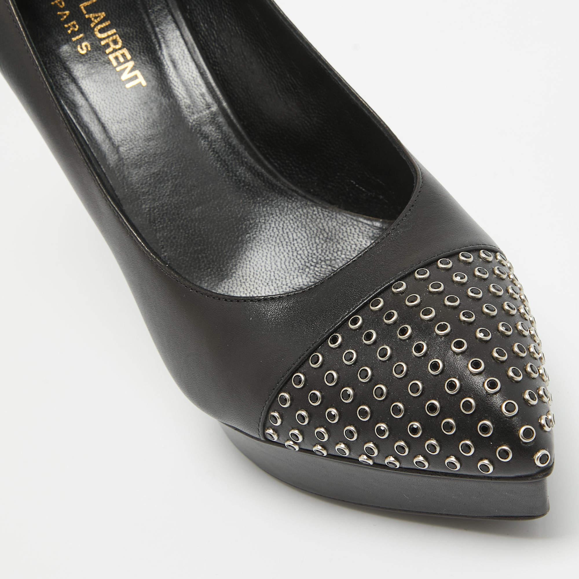 Saint Laurent Black Leather Crystal Embellished Pumps Size 38.5 For Sale 3