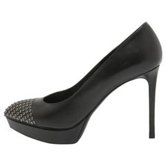 Saint Laurent Black Leather Crystal Embellished Pumps Size 38.5