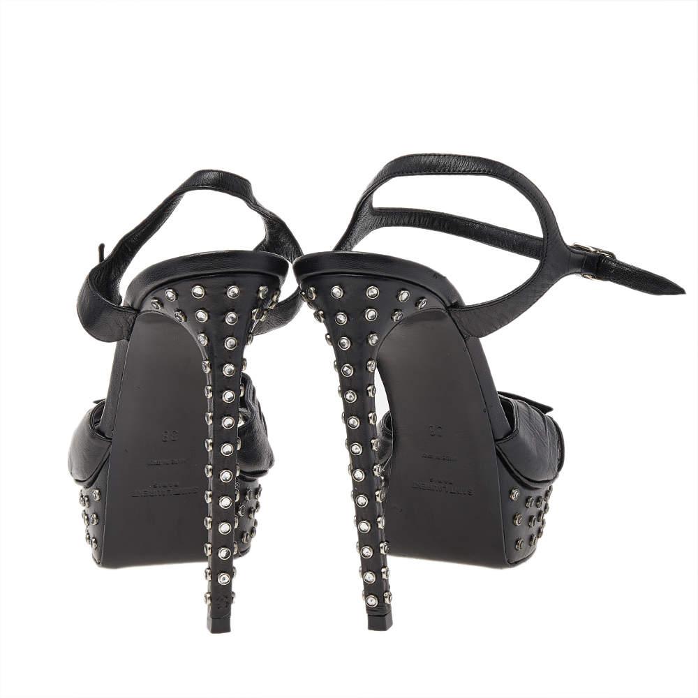 Saint Laurent Black Leather Embellished Platform Ankle Strap Sandals Size 38 In Fair Condition For Sale In Dubai, Al Qouz 2