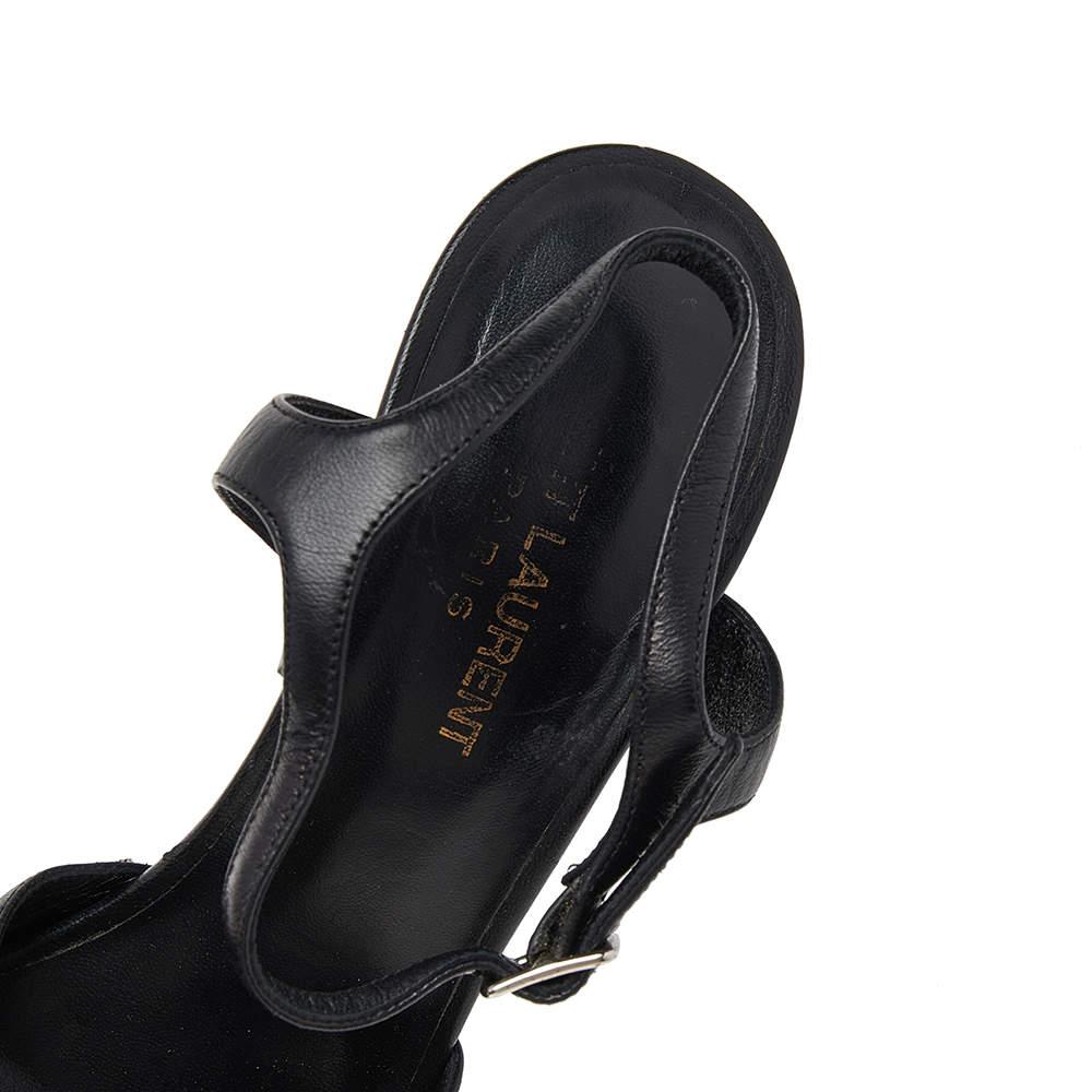 Saint Laurent Black Leather Embellished Platform Ankle Strap Sandals Size 38 For Sale 1
