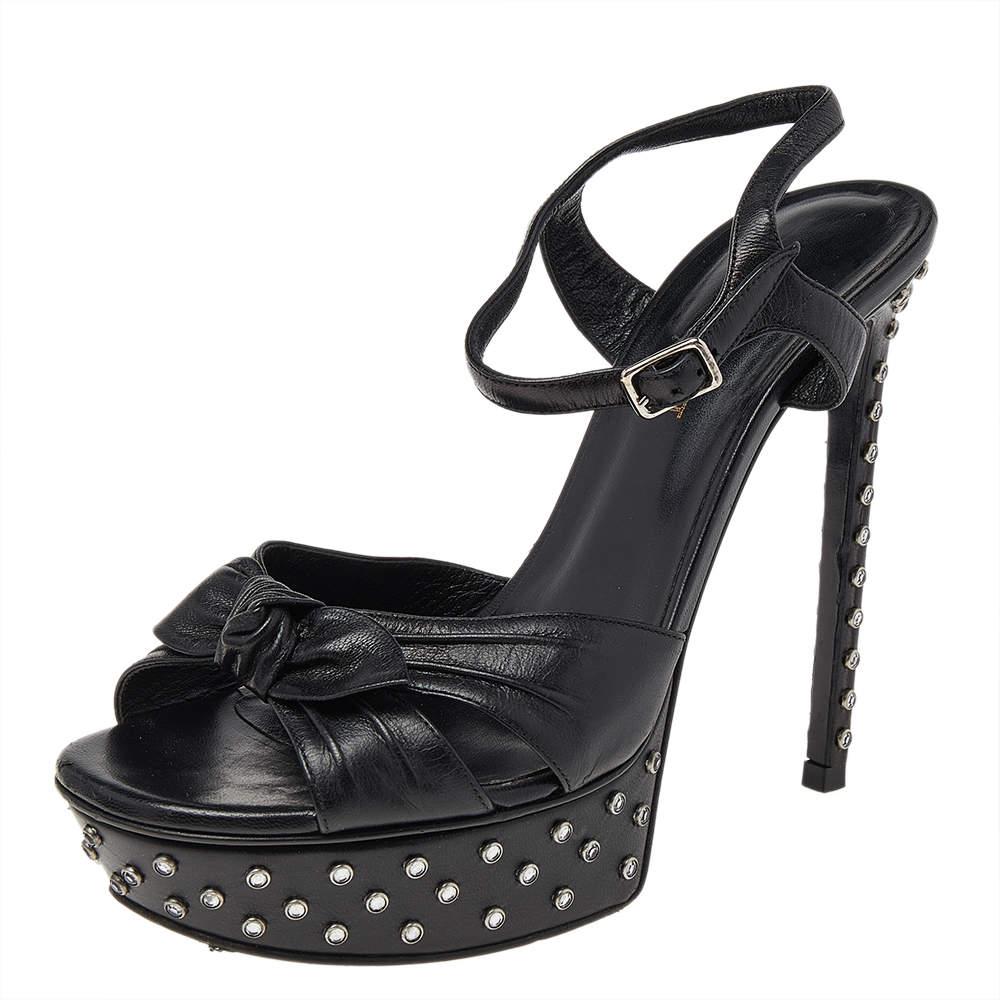 Saint Laurent Black Leather Embellished Platform Ankle Strap Sandals Size 38 For Sale 2