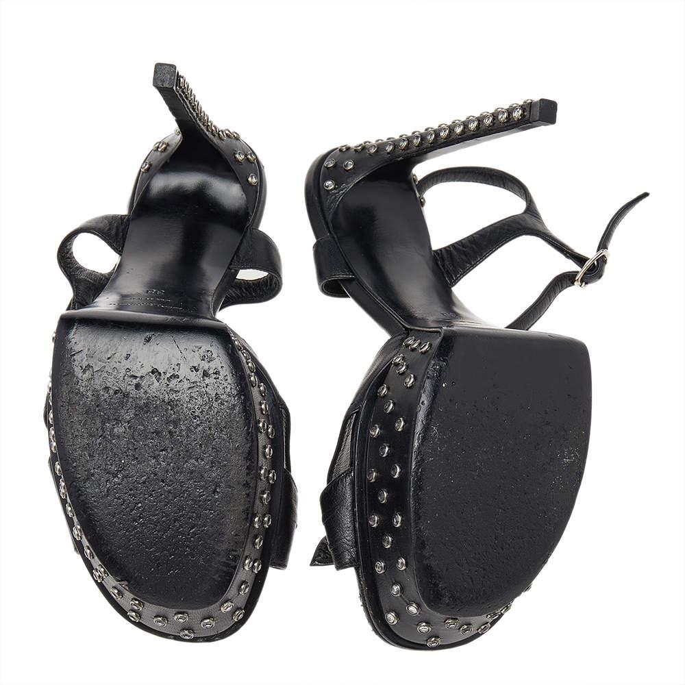 Saint Laurent Black Leather Embellished Platform Ankle Strap Sandals Size 38 For Sale 3