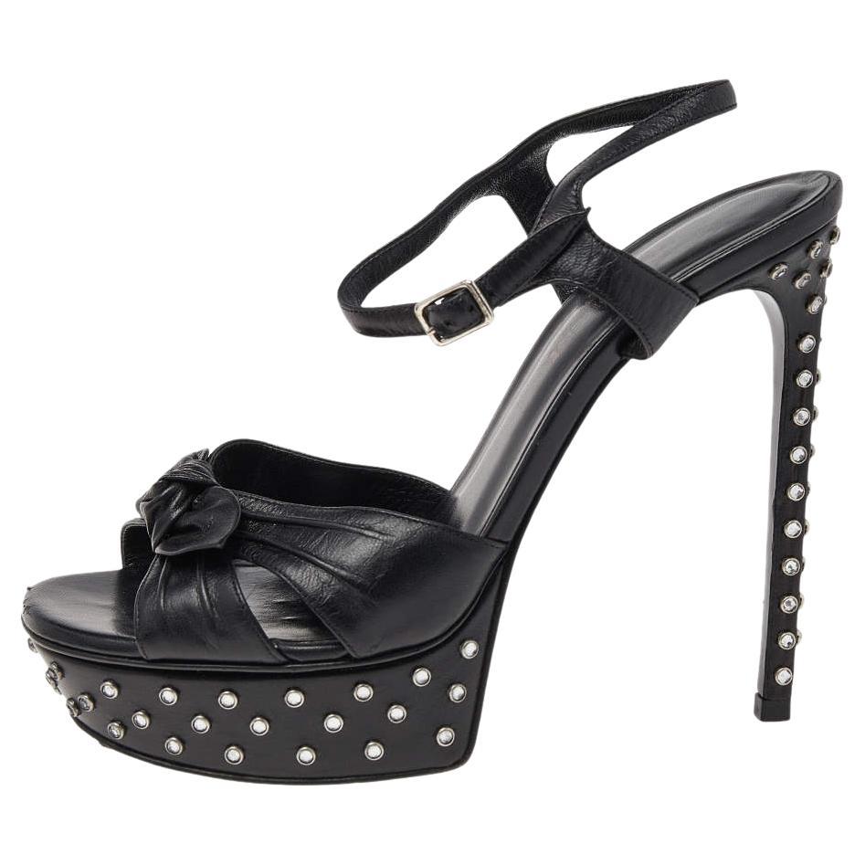 Saint Laurent Black Leather Embellished Platform Ankle Strap Sandals Size 38 For Sale