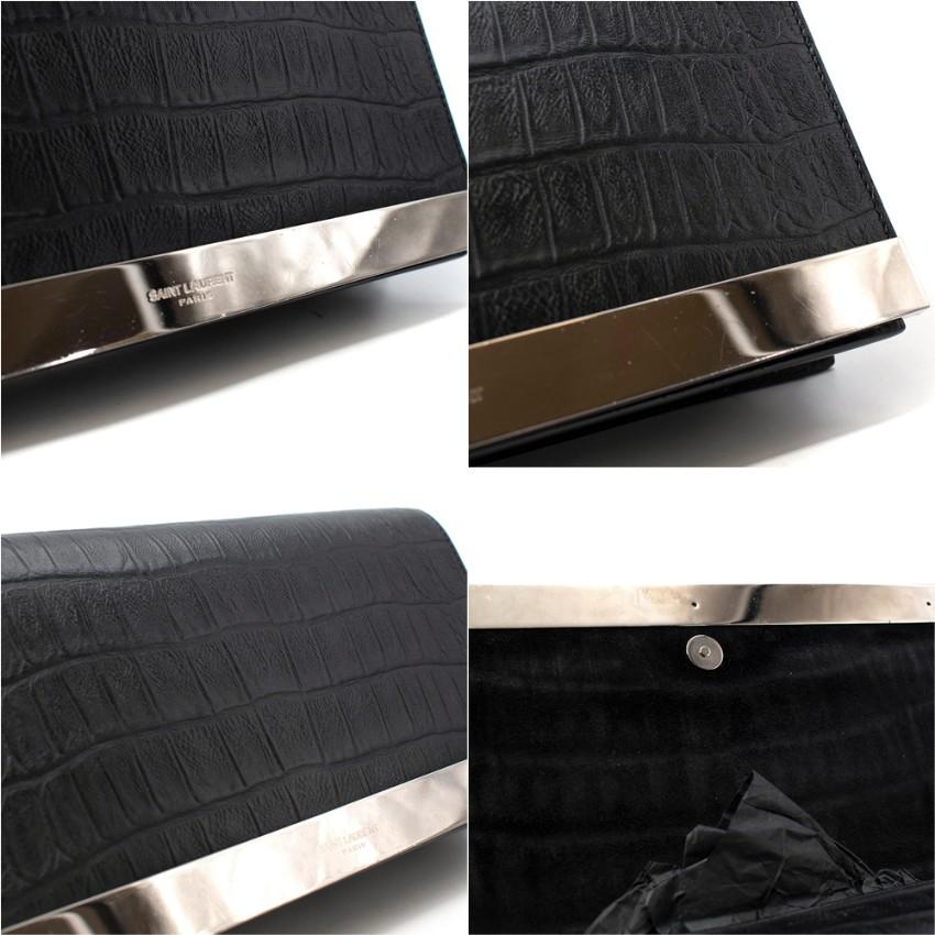 Saint Laurent Black Leather Embossed Crocodile Clutch Bag For Sale 3