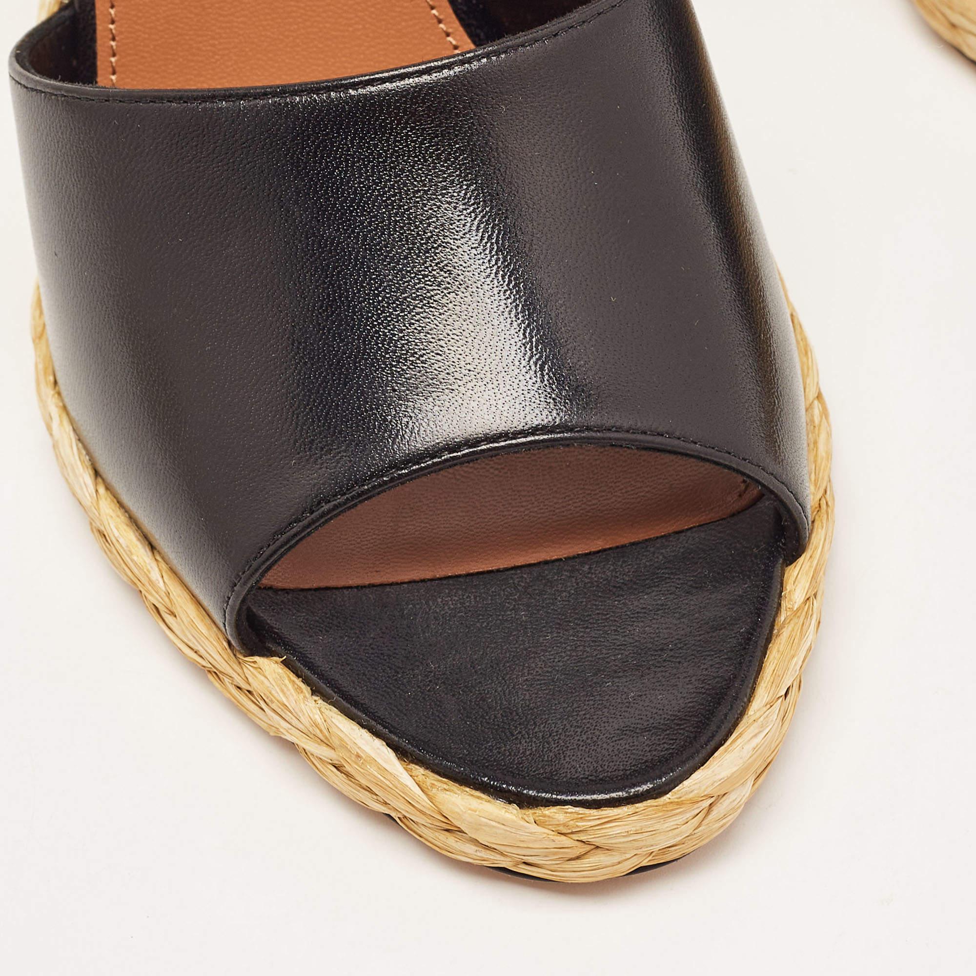 Women's Saint Laurent Black Leather Espadrille Wedge Sandals Size 37.5