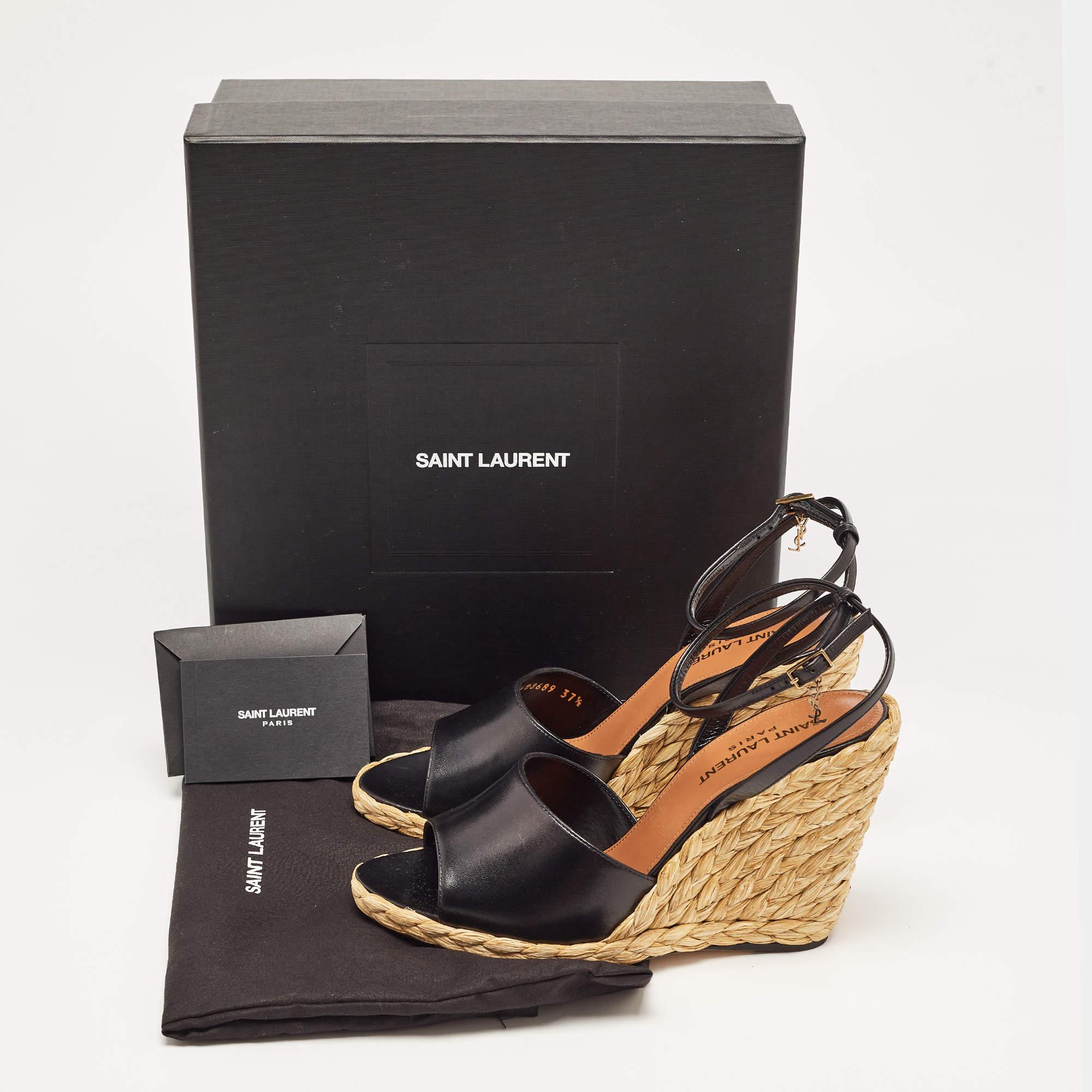 Saint Laurent Black Leather Espadrille Wedge Sandals Size 37.5 4