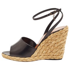 Saint Laurent Black Leather Espadrille Wedge Sandals Size 37.5