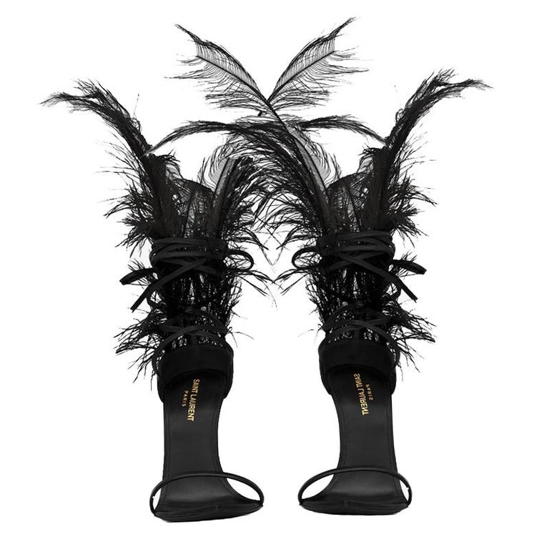 Saint Laurent Black Leather Feather Iris Sandals Size 37 For Sale at 1stDibs