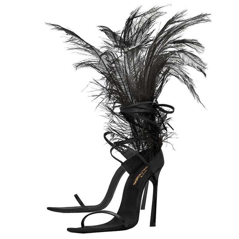 Saint Laurent Black Leather Feather Iris Sandals Size 37 In Excellent Condition In Dubai, Al Qouz 2