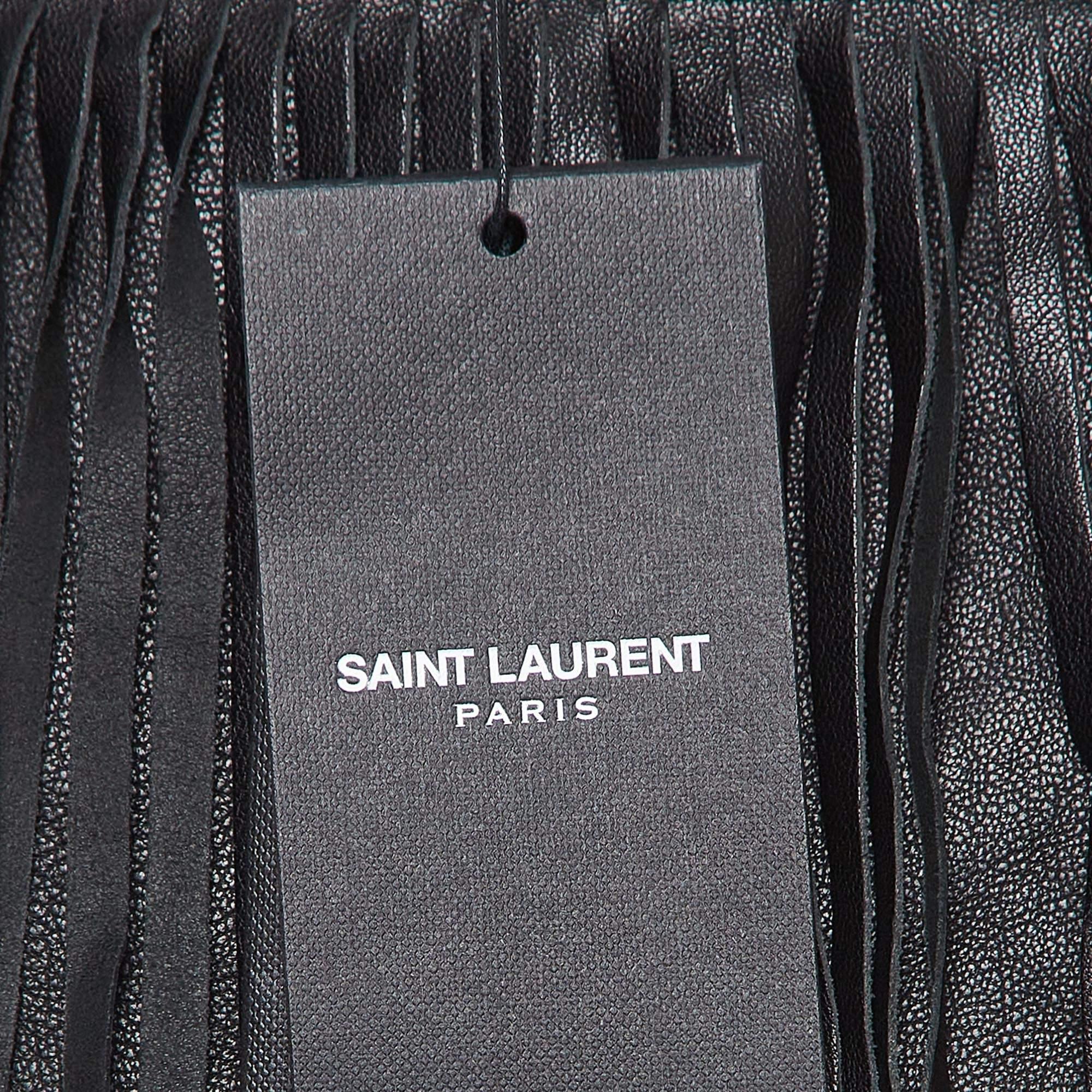 Saint Laurent Black Leather Fringe Detail Mini Skirt M In Excellent Condition For Sale In Dubai, Al Qouz 2