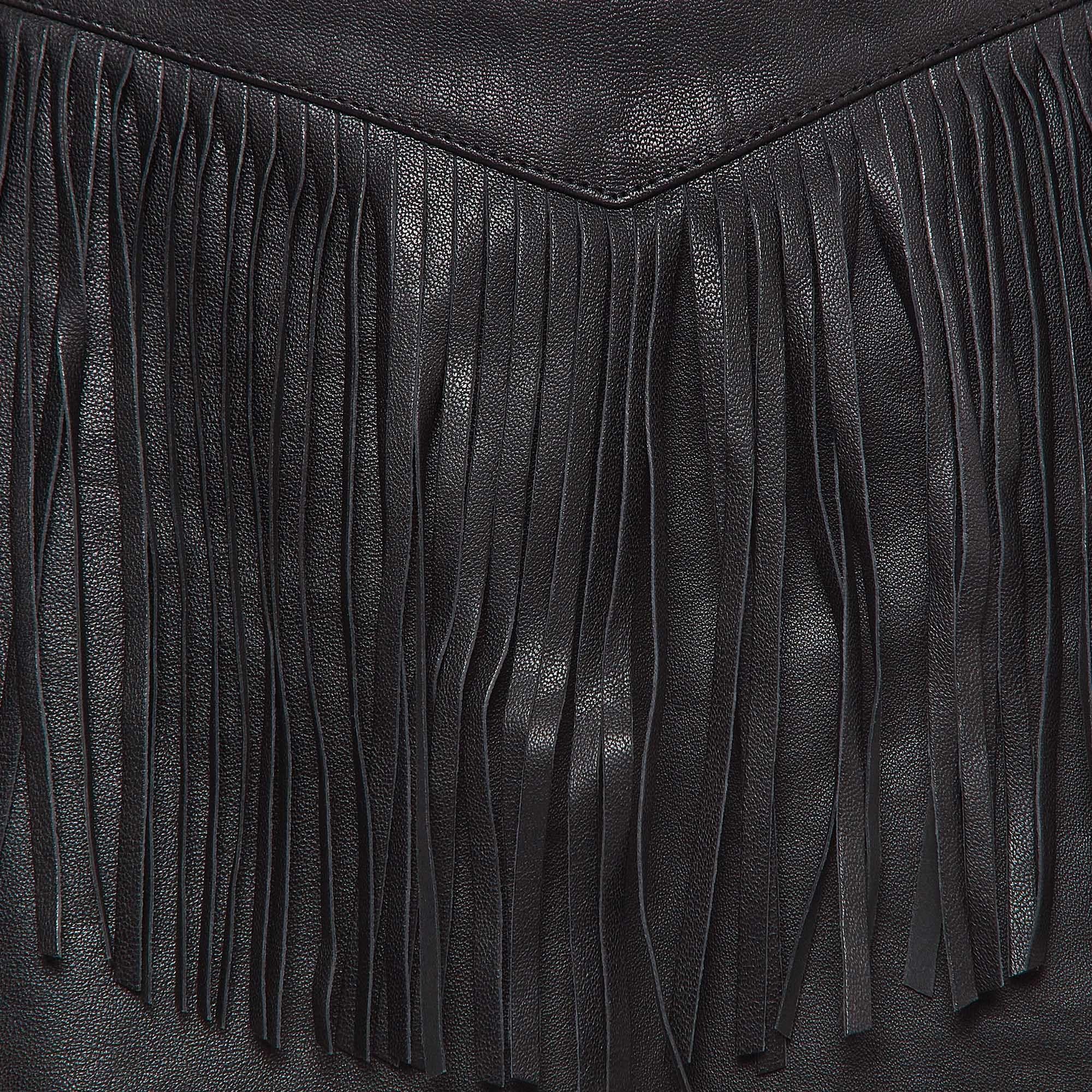Saint Laurent Black Leather Fringe Detail Mini Skirt M For Sale 1
