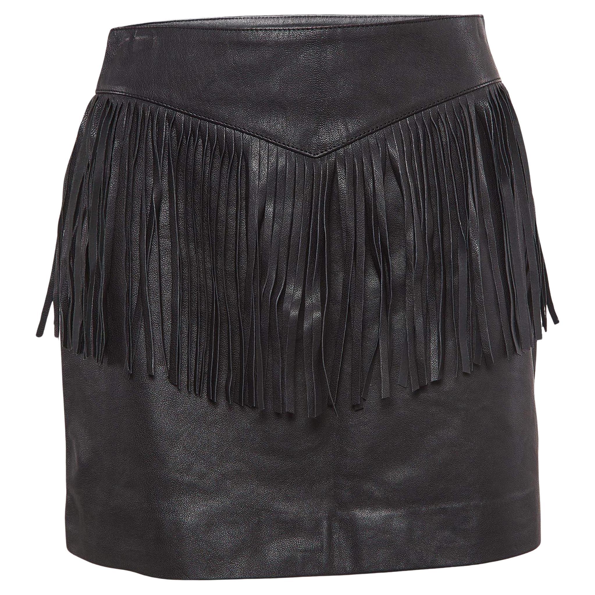 Saint Laurent Black Leather Fringe Detail Mini Skirt M For Sale