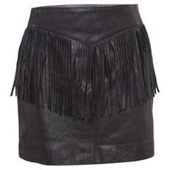 Saint Laurent Black Leather Fringe Detail Mini Skirt M.