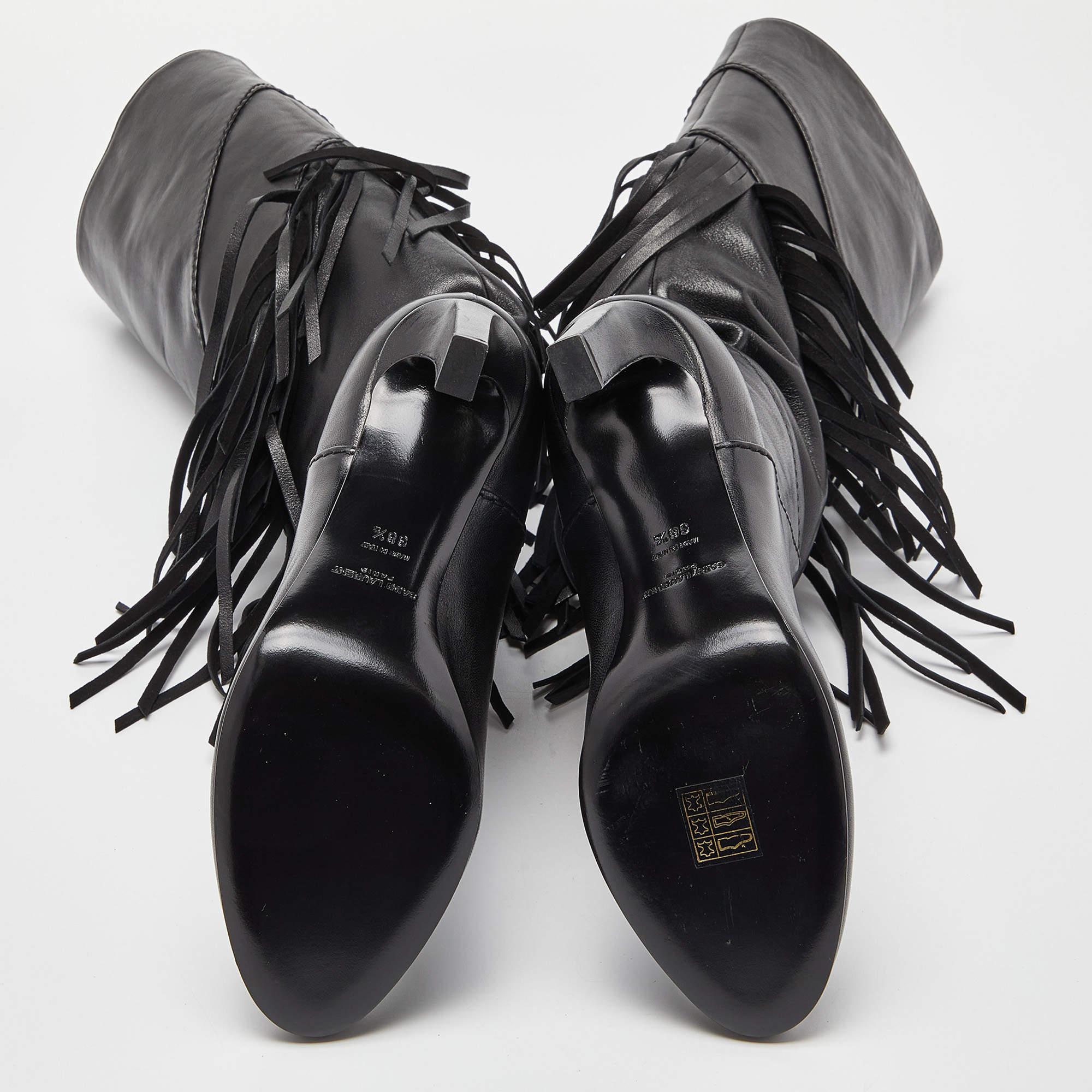 Saint Laurent Black Leather Fringe Grace Knee Length Boots Size 38.5 6