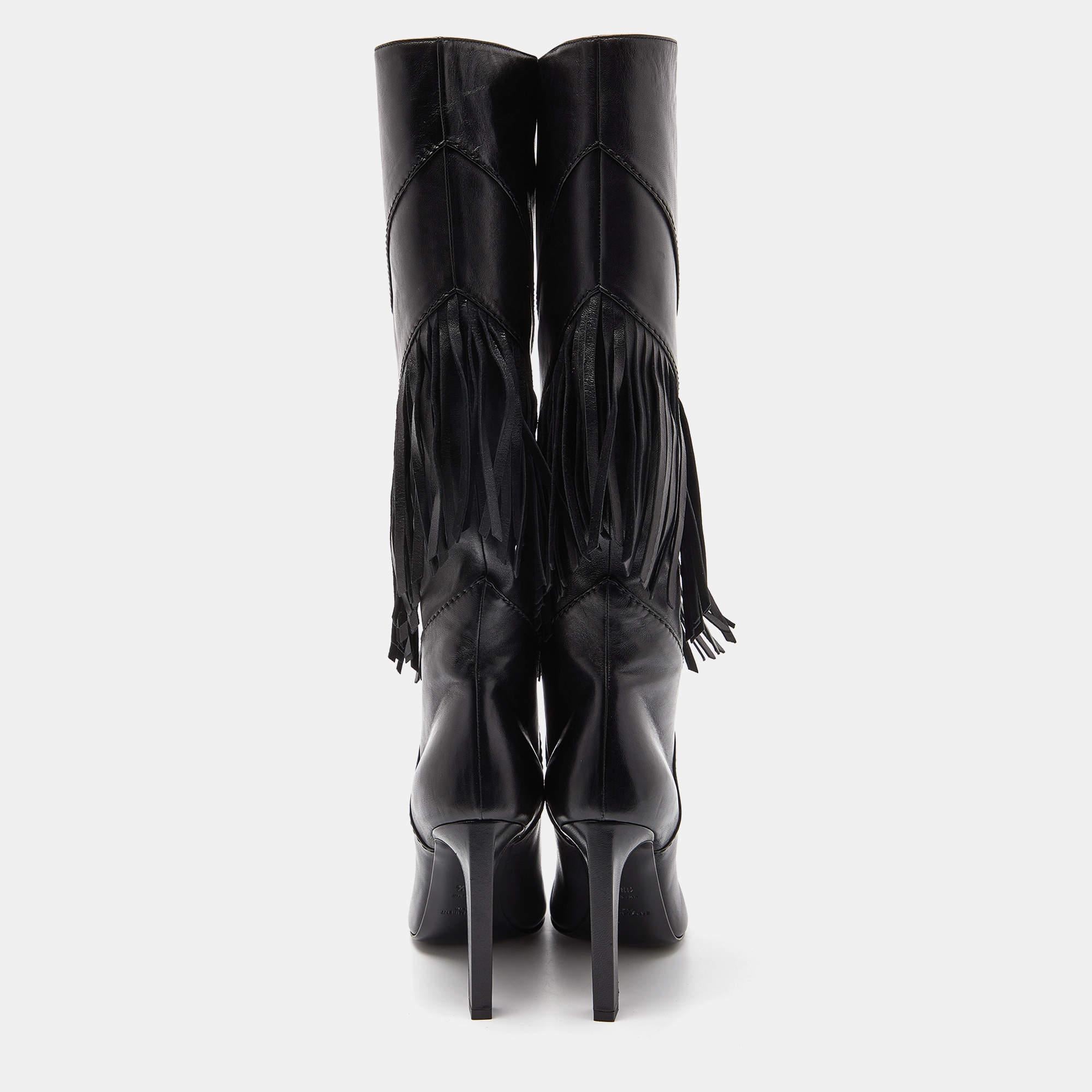 Saint Laurent Black Leather Fringe Grace Knee Length Boots Size 38.5 In Excellent Condition In Dubai, Al Qouz 2