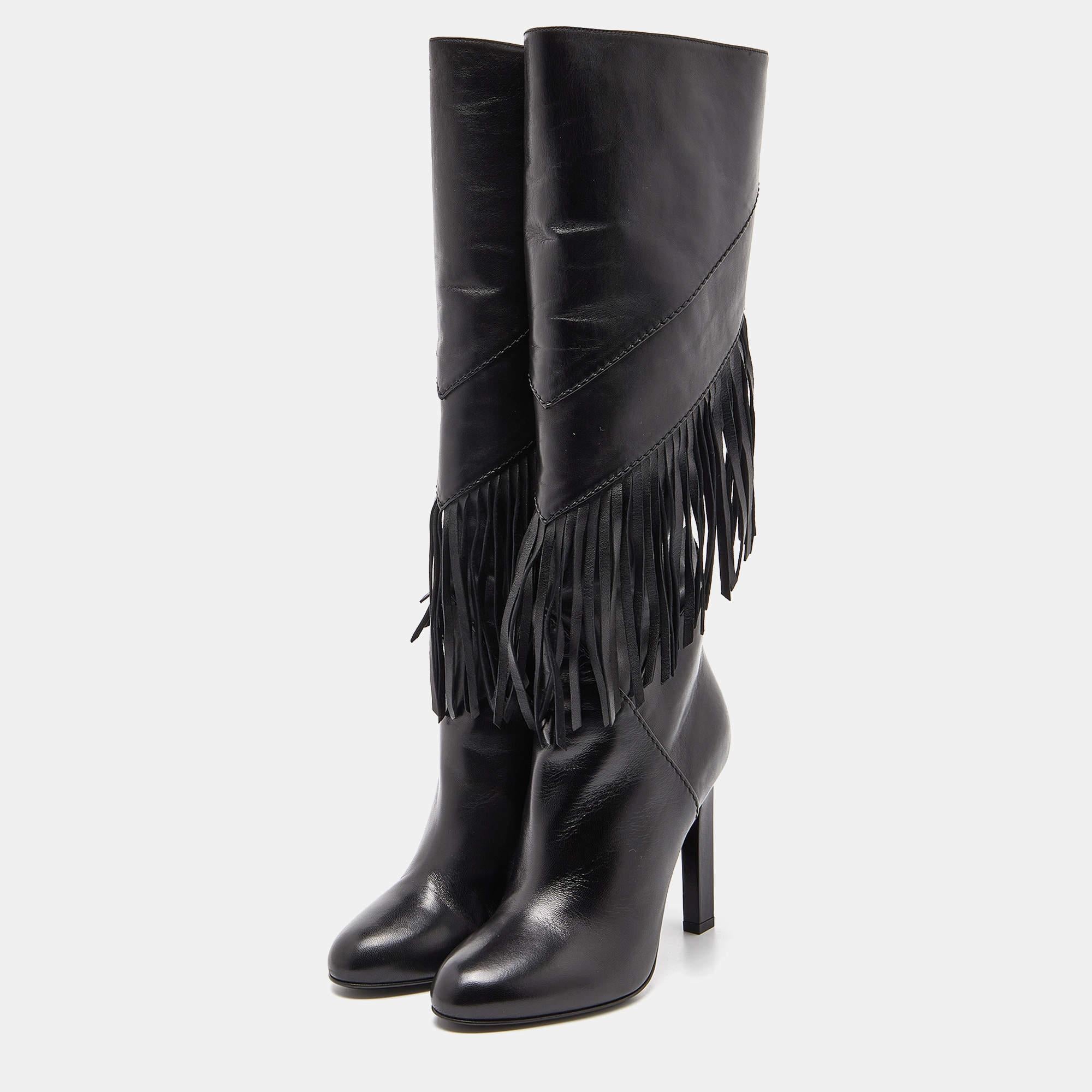 Women's Saint Laurent Black Leather Fringe Grace Knee Length Boots Size 38.5
