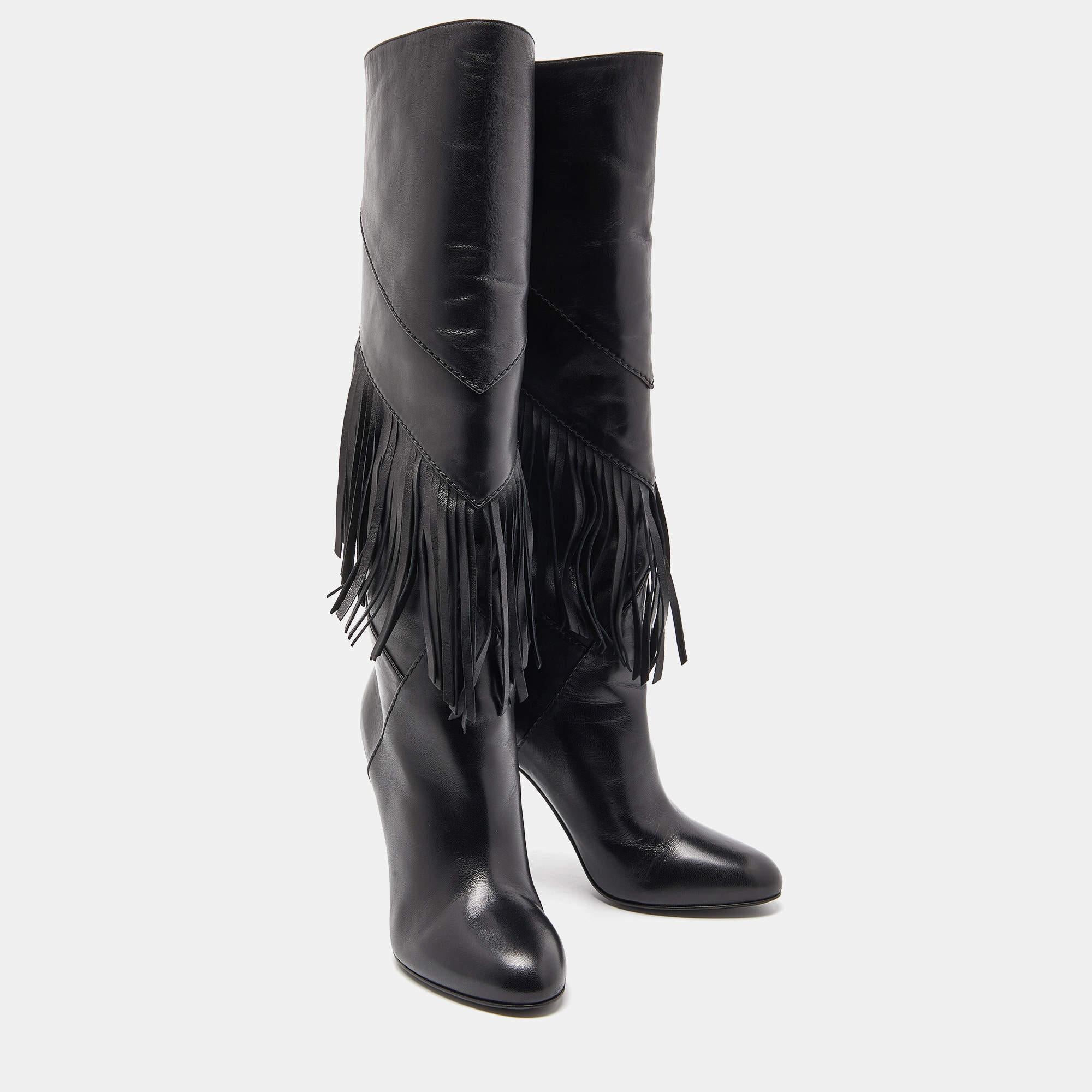 Saint Laurent Black Leather Fringe Grace Knee Length Boots Size 38.5 1