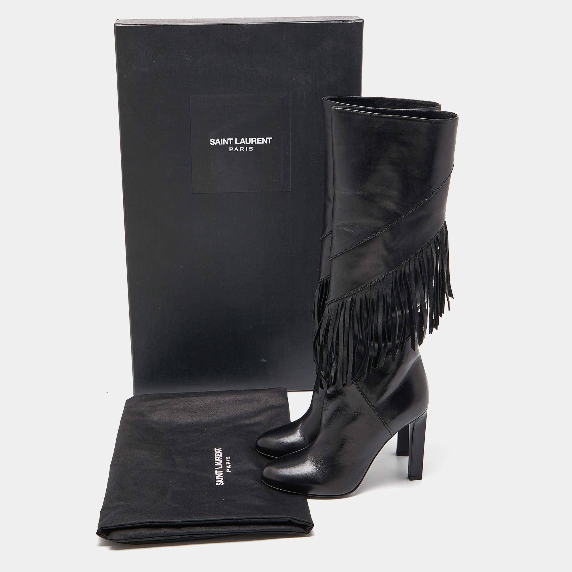 Saint Laurent Black Leather Fringe Grace Knee Length Boots Size 38.5 2