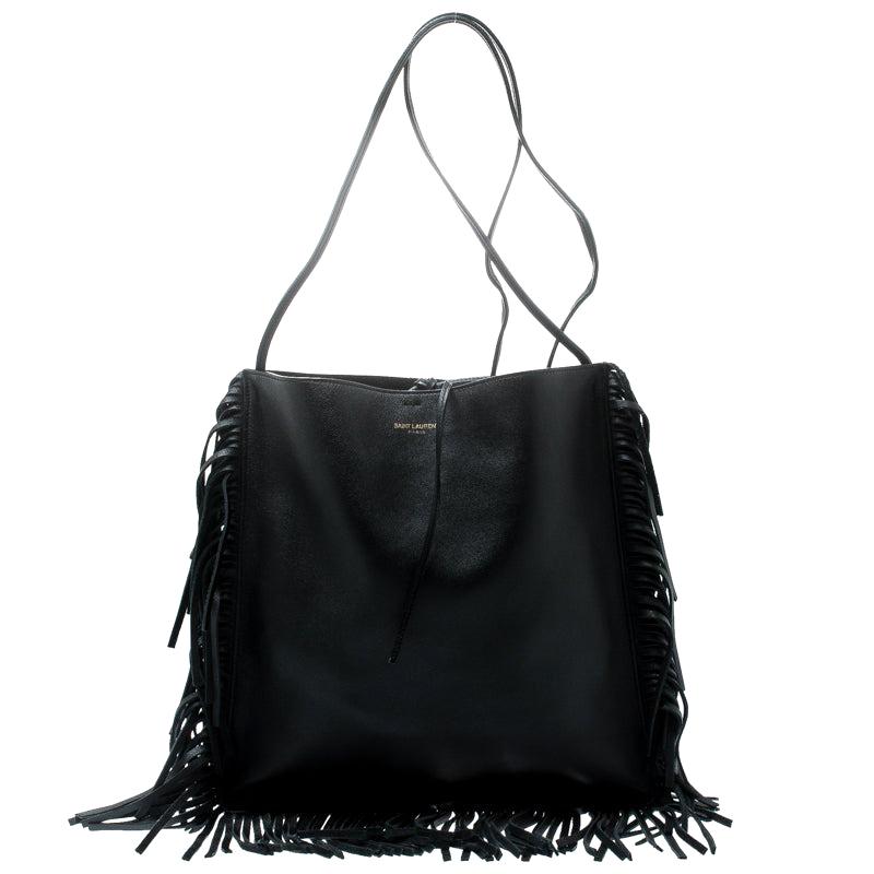 black leather fringe bag
