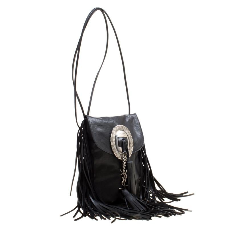 Saint Laurent Black Leather Fringed Anita Crossbody Bag In Good Condition In Dubai, Al Qouz 2