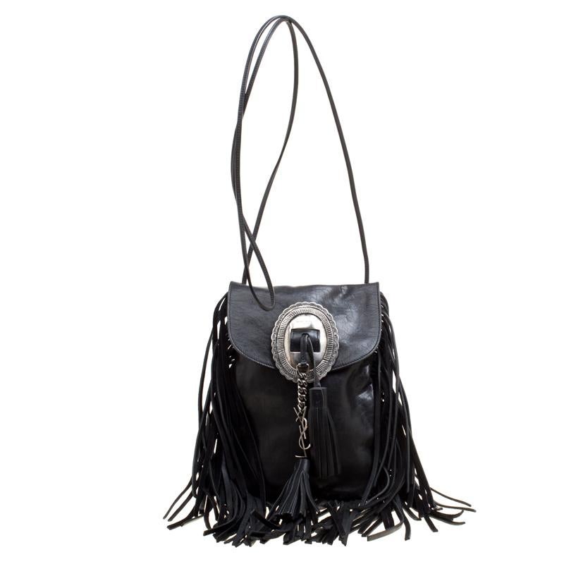 Saint Laurent Black Leather Fringed Anita Crossbody Bag