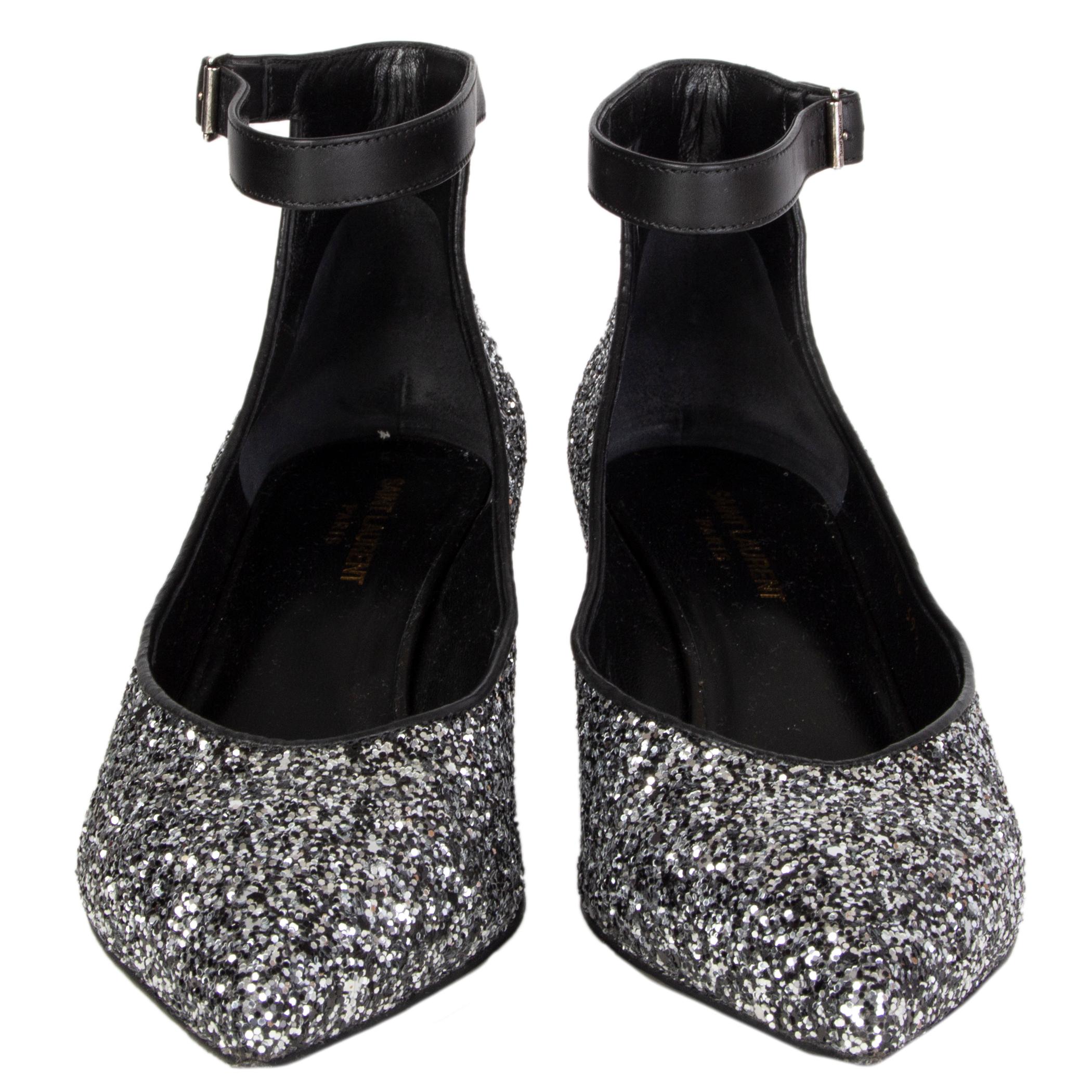100% authentic Saint Laurent pointed-toe kitten heel silver glitter pumps with ankle strap closure. Have been worn and are in excellent condition. Come with dust bag.

Measurements
Imprinted Size	39.5  (run small(
Shoe Size	39
Inside Sole	26cm