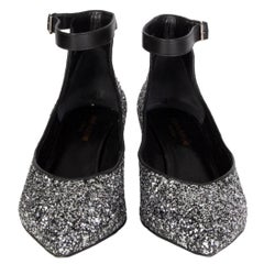 SAINT LAURENT black leather GLITTER KITTEN HEEL Pumps Shoes 39.5