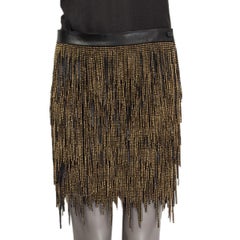 SAINT LAURENT black leather & gold BEADED FRINGE Mini Skirt 36 XS