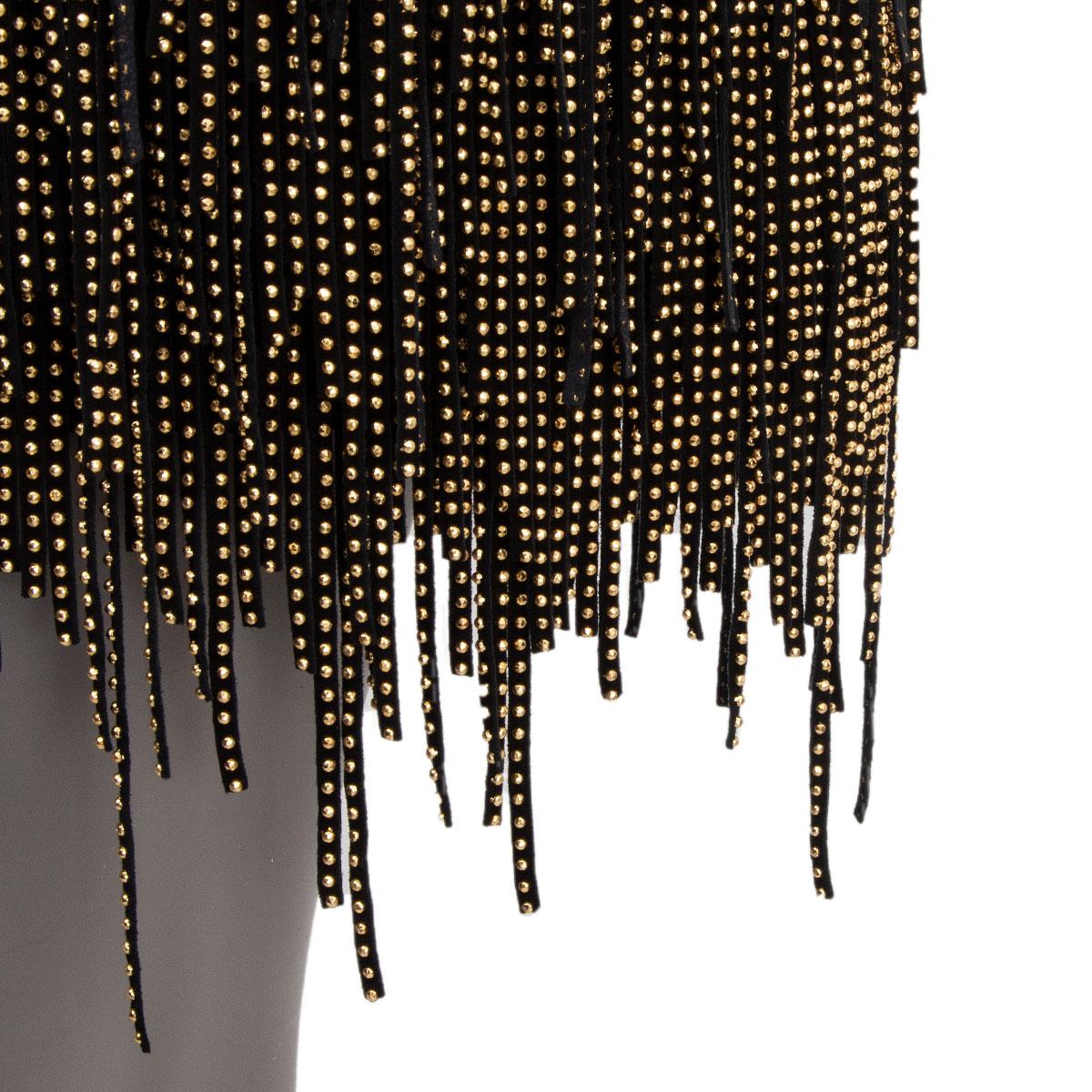 Black SAINT LAURENT black leather & gold BEADED FRINGE Mini Skirt 36 XS For Sale