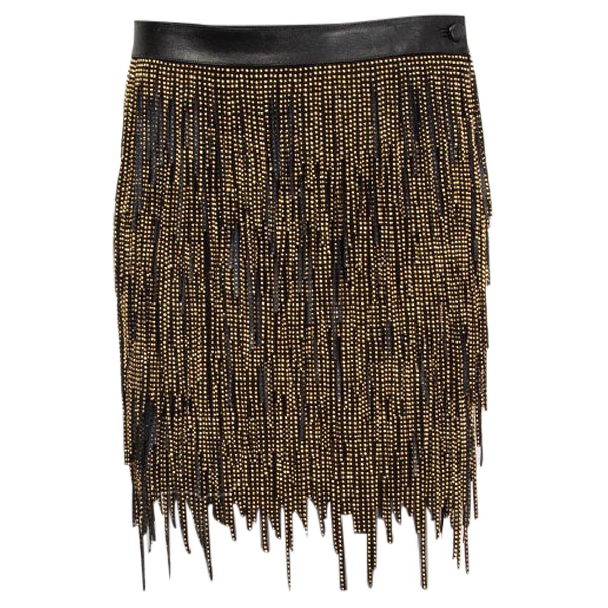 SAINT LAURENT black leather & gold BEADED FRINGE Mini Skirt 36 XS