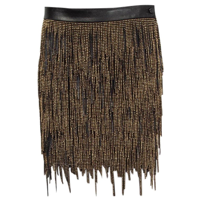 SAINT LAURENT black leather and gold BEADED FRINGE Mini Skirt 36 XS For ...
