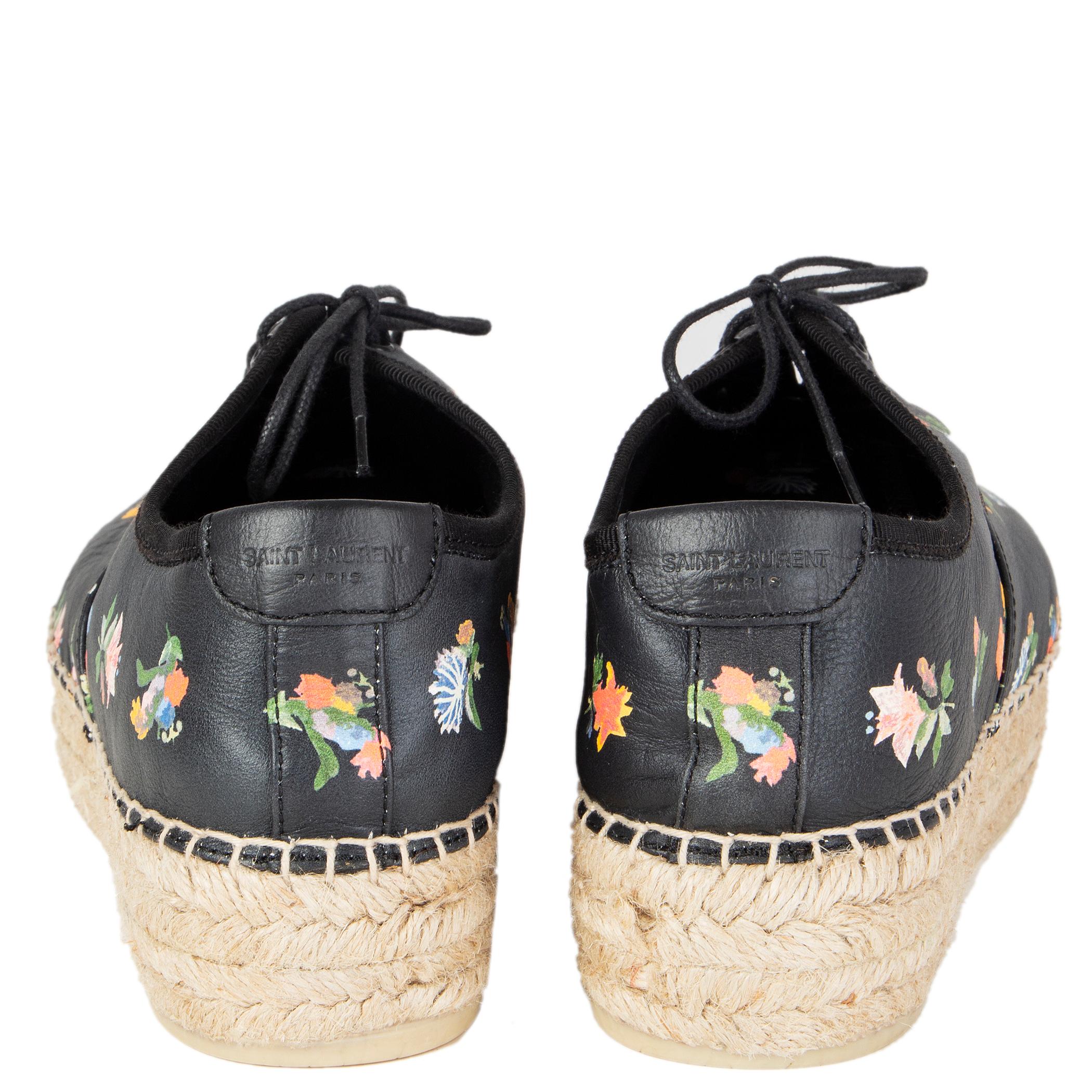 SAINT LAURENT black leather GRUNGE FLORAL Espadrilles Flats Shoes 39.5 In New Condition For Sale In Zürich, CH