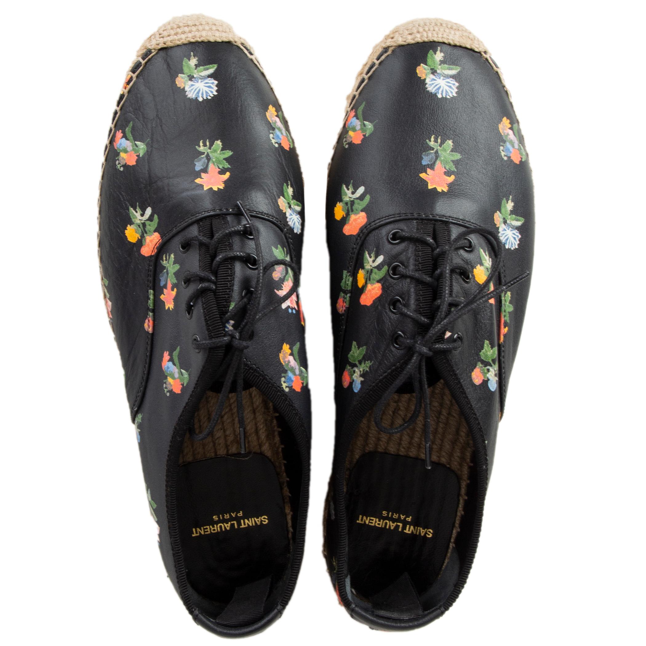Women's SAINT LAURENT black leather GRUNGE FLORAL Espadrilles Flats Shoes 39.5 For Sale