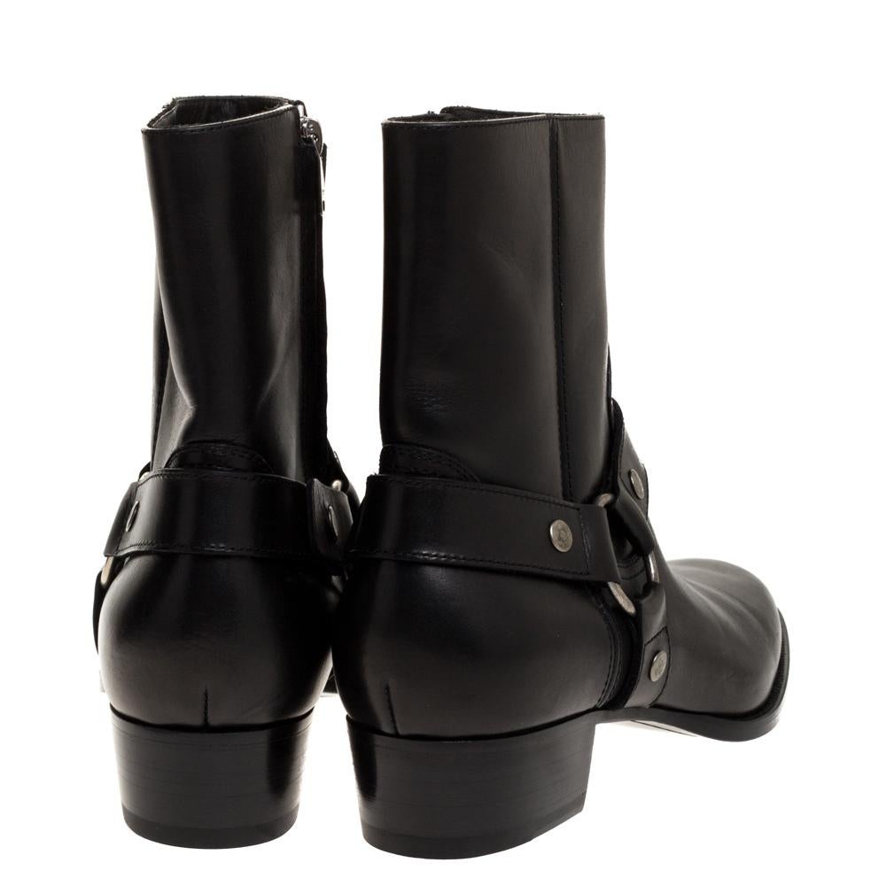 Saint Laurent Black Leather Harness Ankle Boots Size 42 In New Condition In Dubai, Al Qouz 2